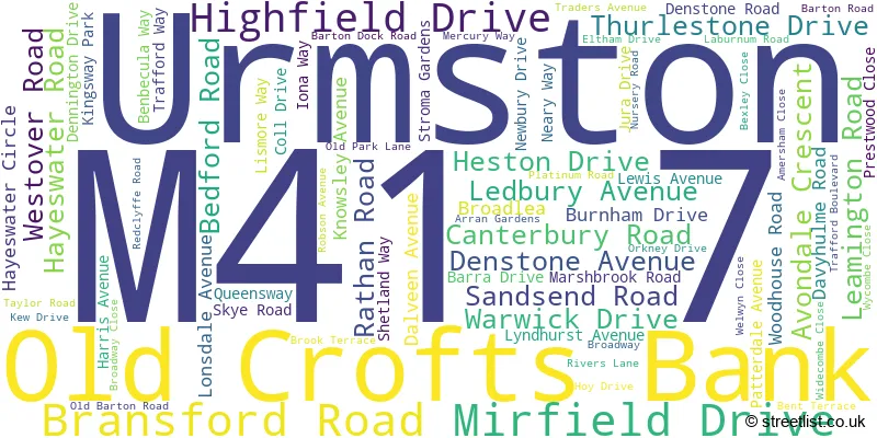 A word cloud for the M41 7 postcode
